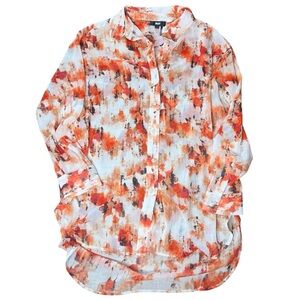 DKNY Sheer Orange/Brown/Pink/White Long Sleeve Button Down Blouse, Women’s M